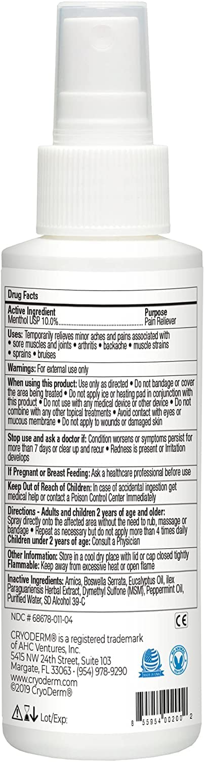 CryoDerm bottle label close-up showing product details and quality