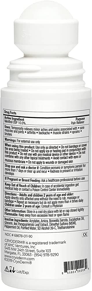 CryoDerm roll-on 3 oz bottle back label highlights ingredients for clean, colorless formula