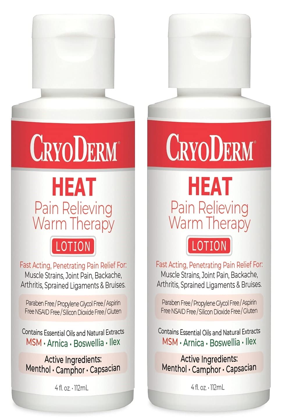 CryoDerm Heat Lotion 4 oz bottle pack provides warm, soothing relief for daily use.
