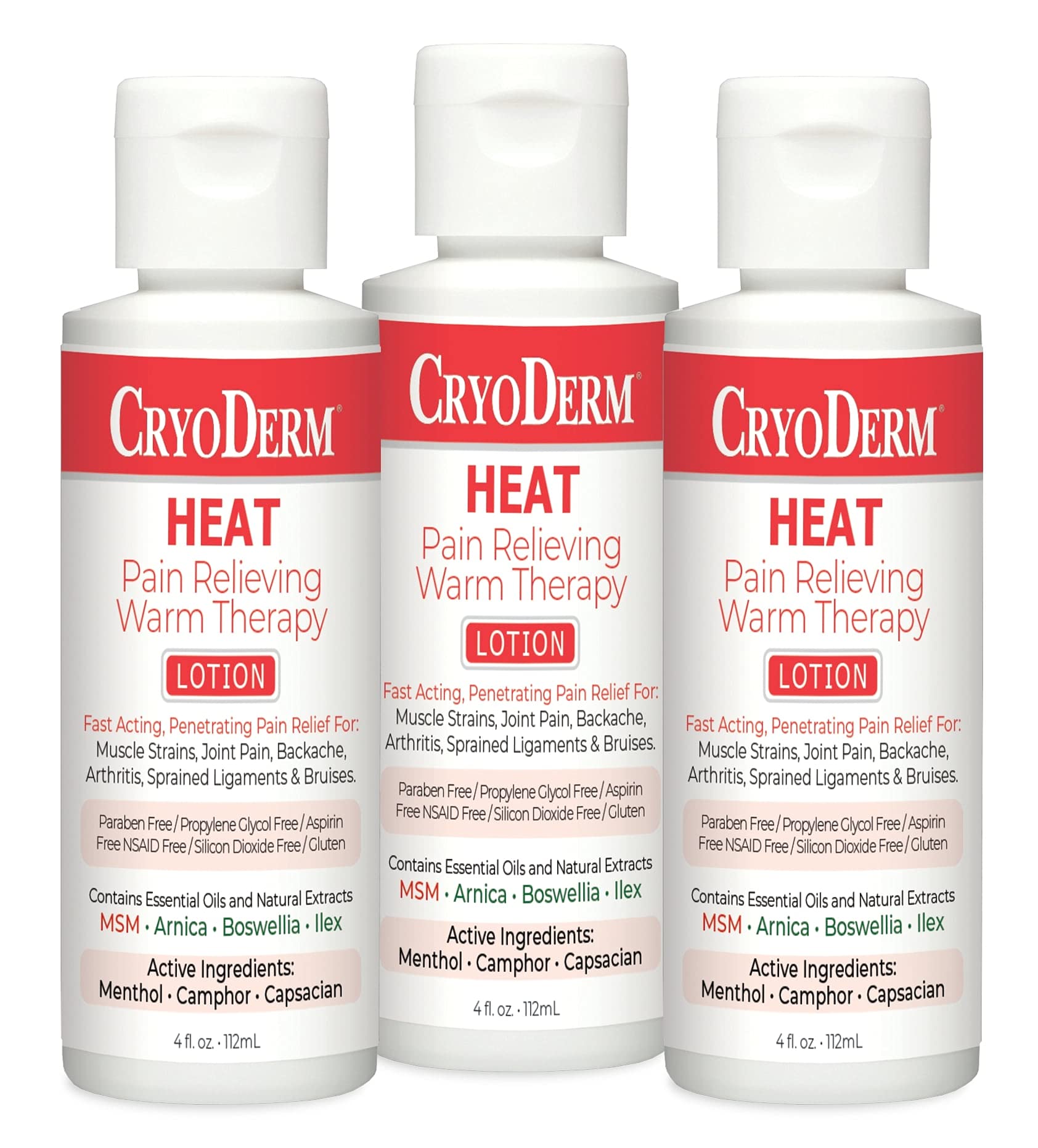 CryoDerm Heat Warming Lotion three-pack with 4 oz bottles for soothing, warming use after activity