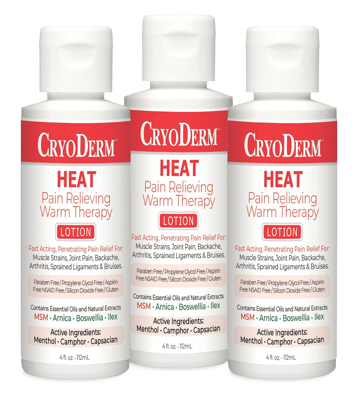 CryoDerm Heat Warming Lotion three-pack with 4 oz bottles for soothing, warming use after activity