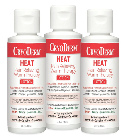 CryoDerm Heat Warming Lotion three-pack with 4 oz bottles for soothing, warming use after activity