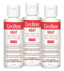 CryoDerm Heat Warming Lotion three-pack with 4 oz bottles for soothing, warming use after activity