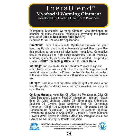CryoDerm Myofascial Warming Ointment application scene suggests soothing massage for muscle support.
