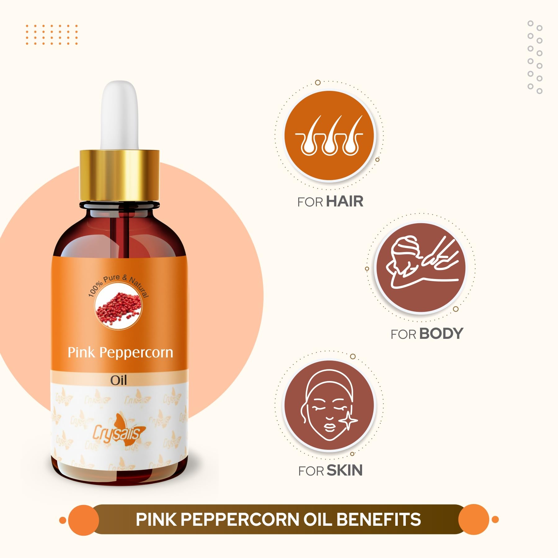 Close-up of Crysalis Pink Peppercorn Oil ingredients, spicy botanical profile for cosmetics.