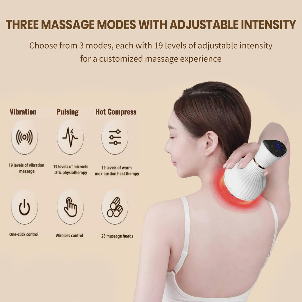 CRYSNATM massager for back highlighting temperature control and microcurrent options.