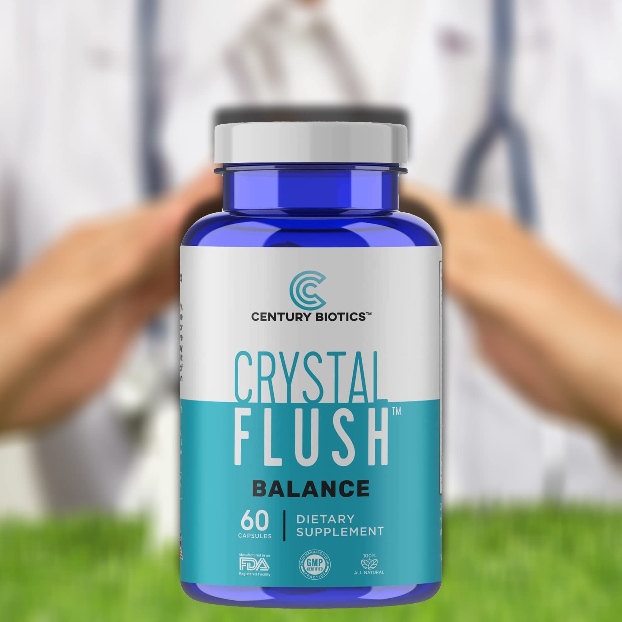CRYSTAL FLUSH Balance Feet capsules close-up highlighting plant-based ingredients.