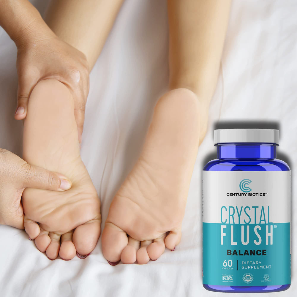 CRYSTAL FLUSH Balance Feet Made in USA label on product packaging.