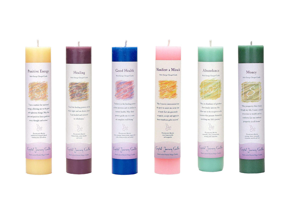 Crystal Journey Herbal Pillar Candle 6-pack for meditation and positive energy.