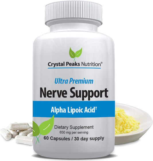 Crystal Peaks Nutrition ALA 650mg bottle showcases the nerve support formula.