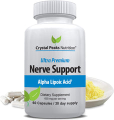 Crystal Peaks Nutrition ALA 650mg bottle showcases the nerve support formula.