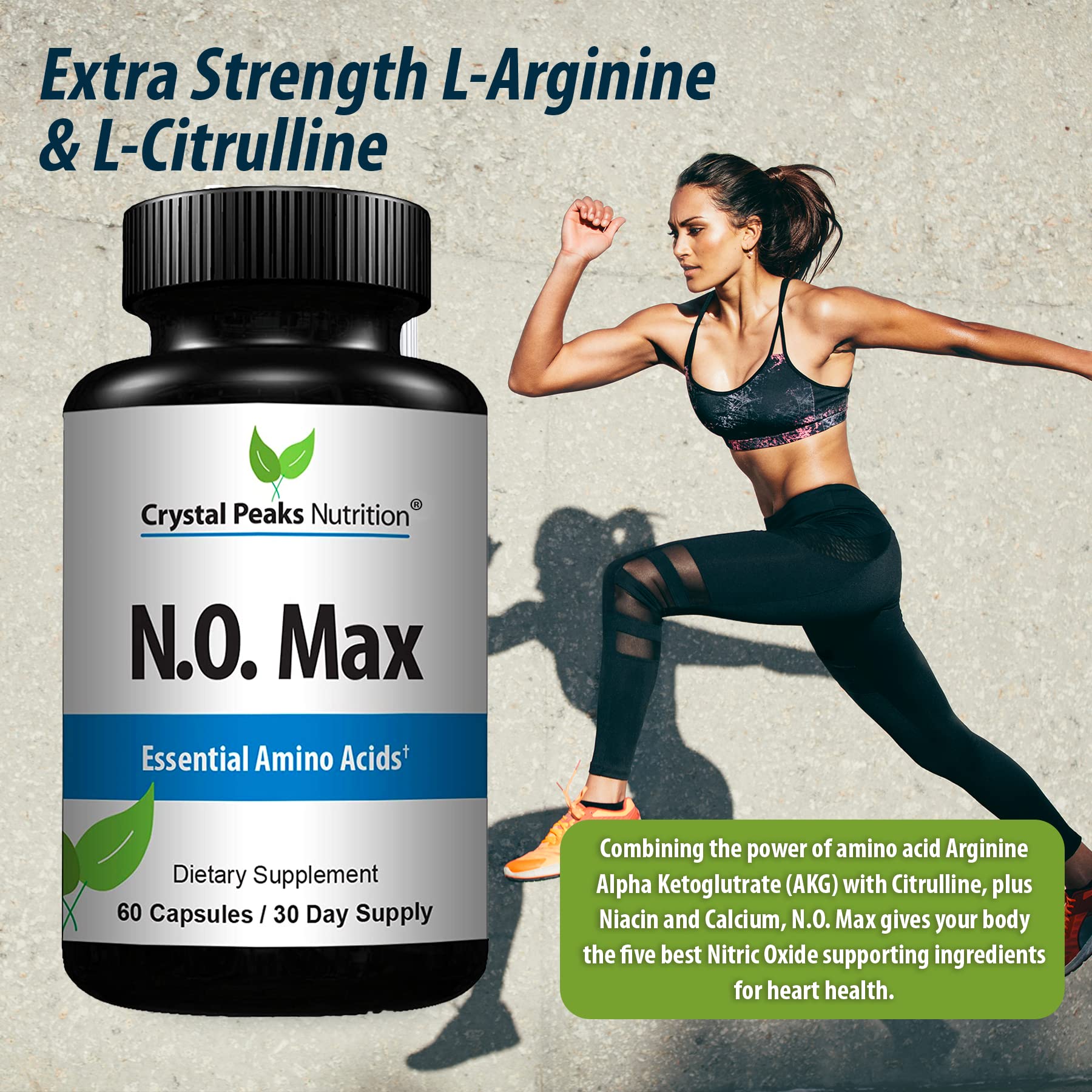 Close-up of N.O. Max capsules by Crystal Peaks Nutrition for daily use.