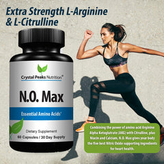 Close-up of N.O. Max capsules by Crystal Peaks Nutrition for daily use.
