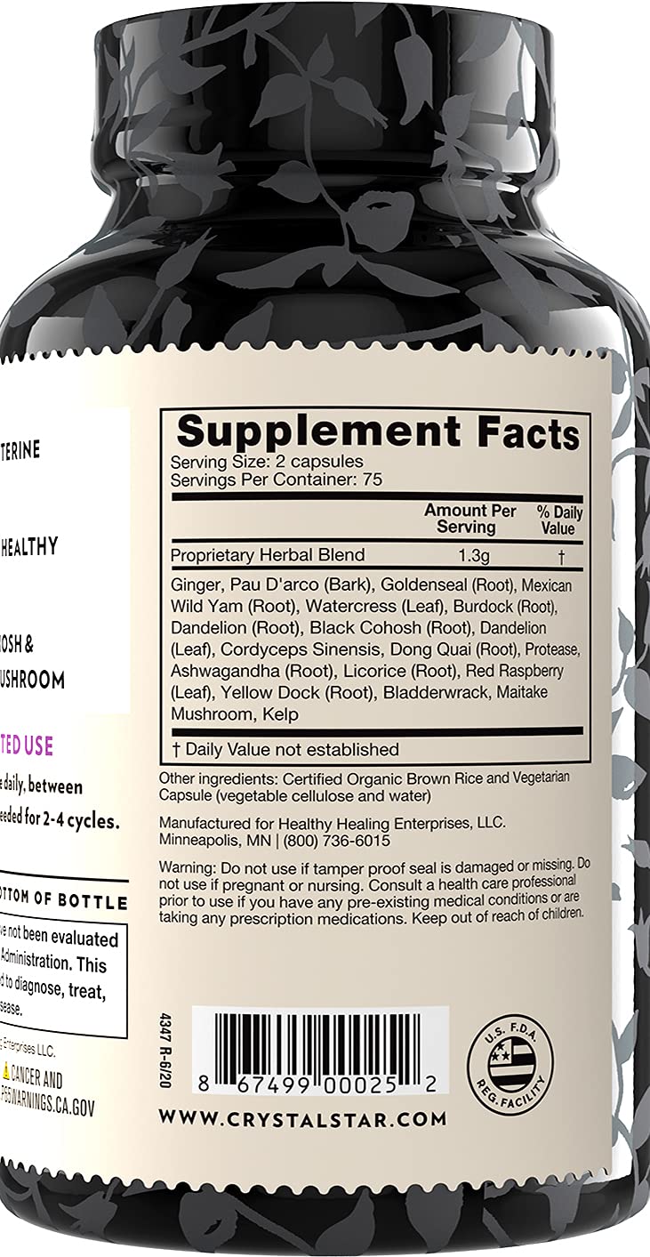 Crystal Star Fibro Defense ingredients label close-up showing key herbs.