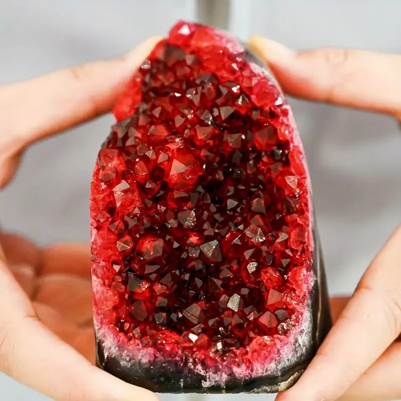 CrystalHola Claret raw geode druzy close-up emphasizes the sparkling interior and rugged exterior