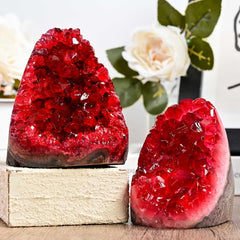 CrystalHola Claret raw geode on desk demonstrates compact size ideal for shelves