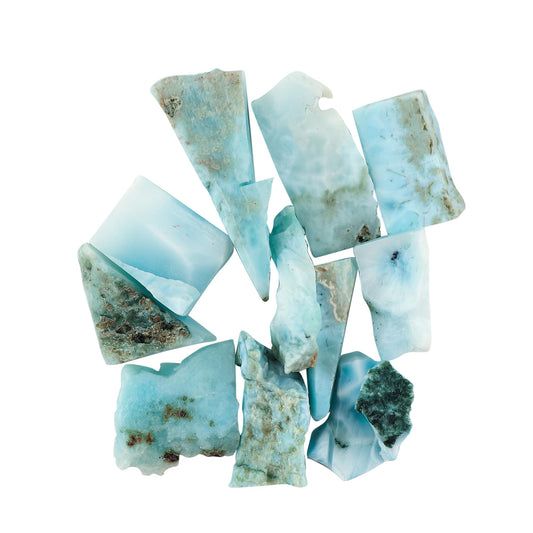 Crystalines Larimar sky-blue rough stones in a batch, ideal for natural gemstone jewelry making.