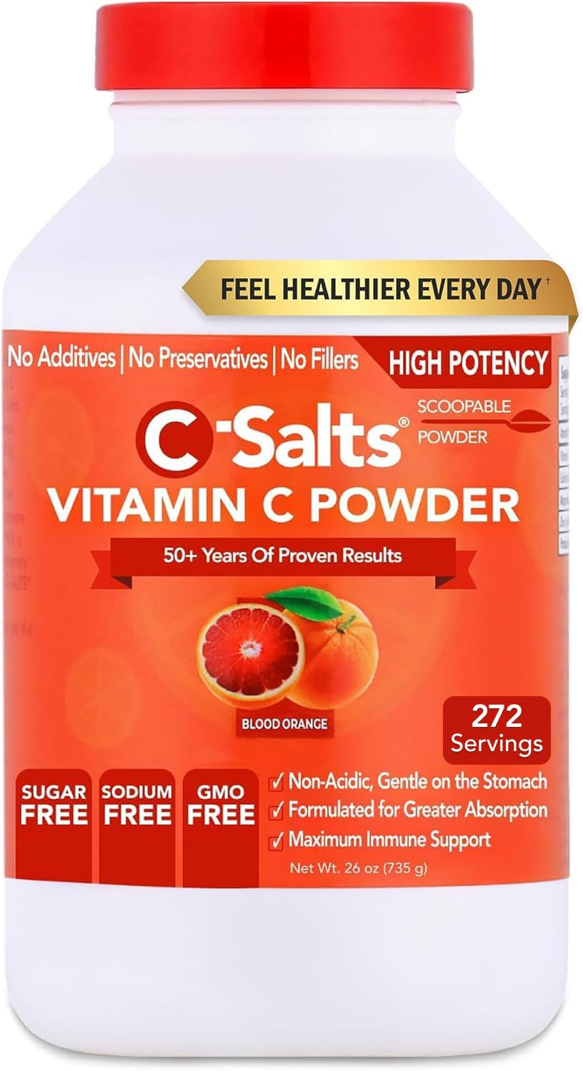C-Salts vitamin C powder bottle label showing daily immune support.