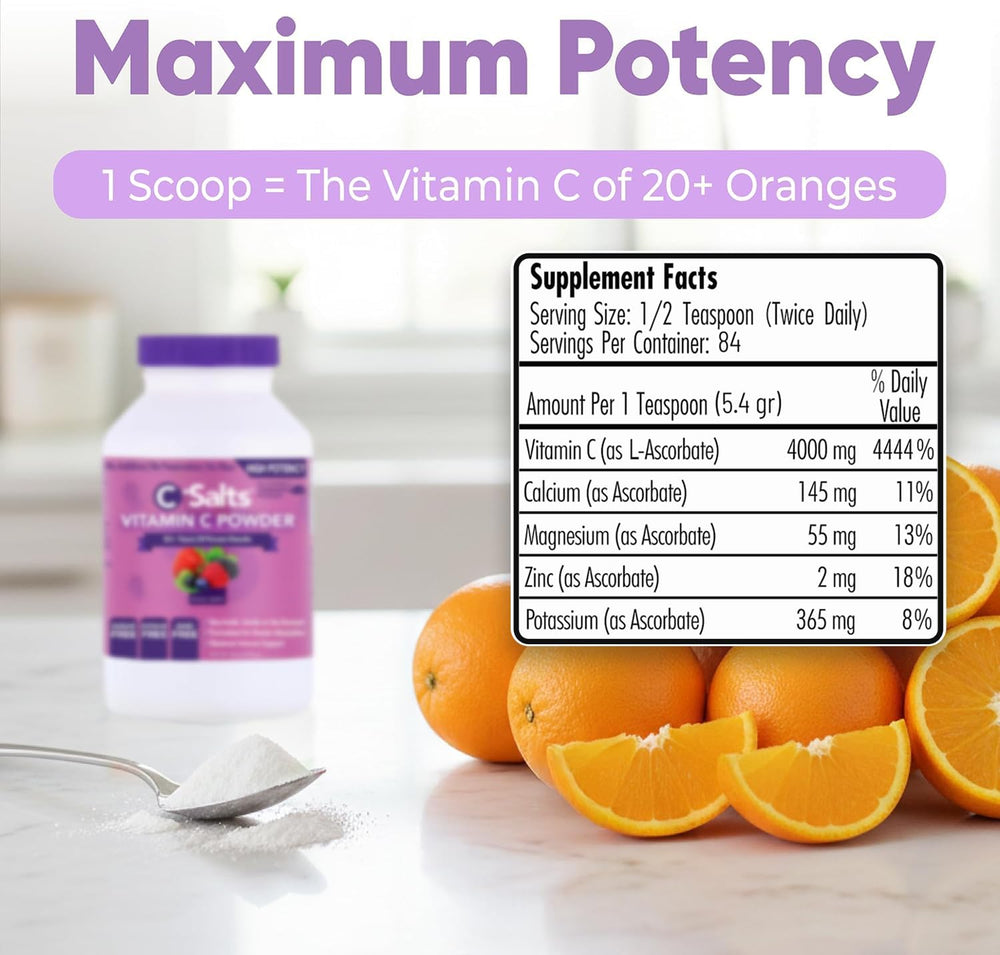 C-Salts vitamin C dissolves quickly in water for a refreshing citrus sip.