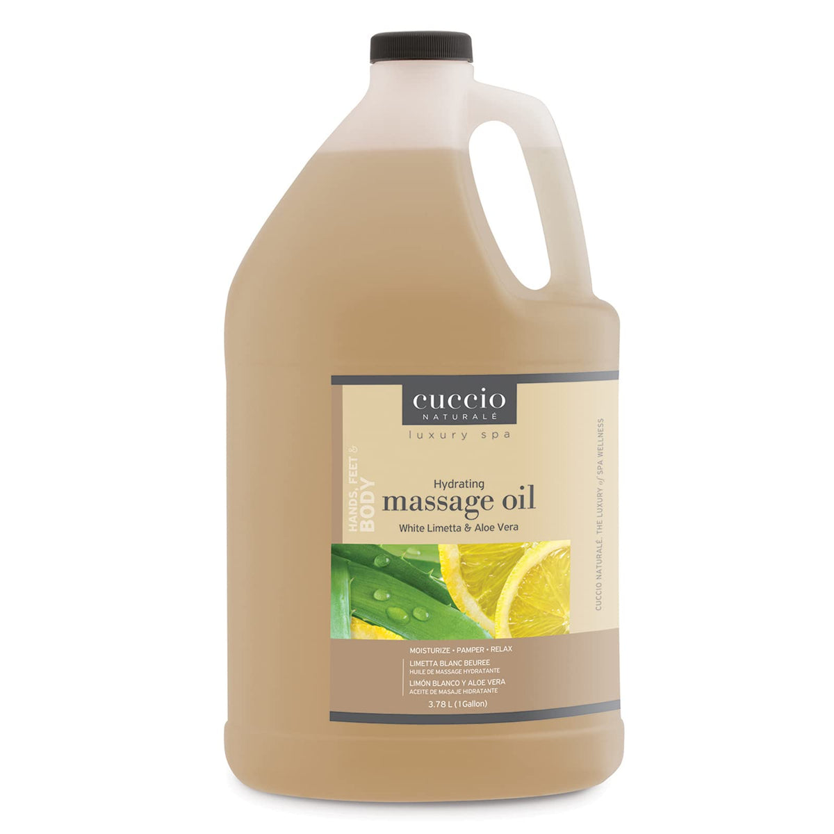 Cuccio Naturale massage oil bottle pour for spa-like hydration and renewed skin.