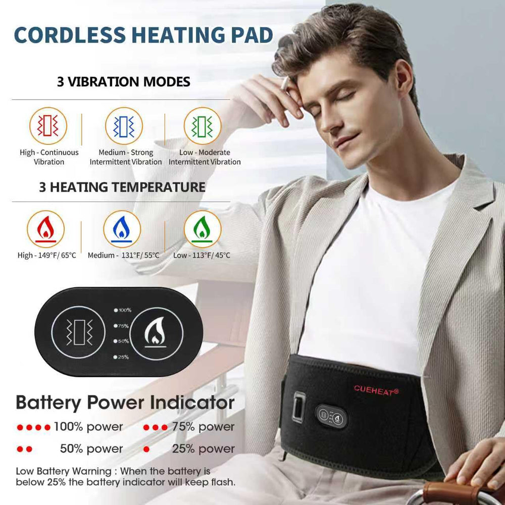 CUEHEAT back wrap close-up of massage motors targeting shoulder and lower back.