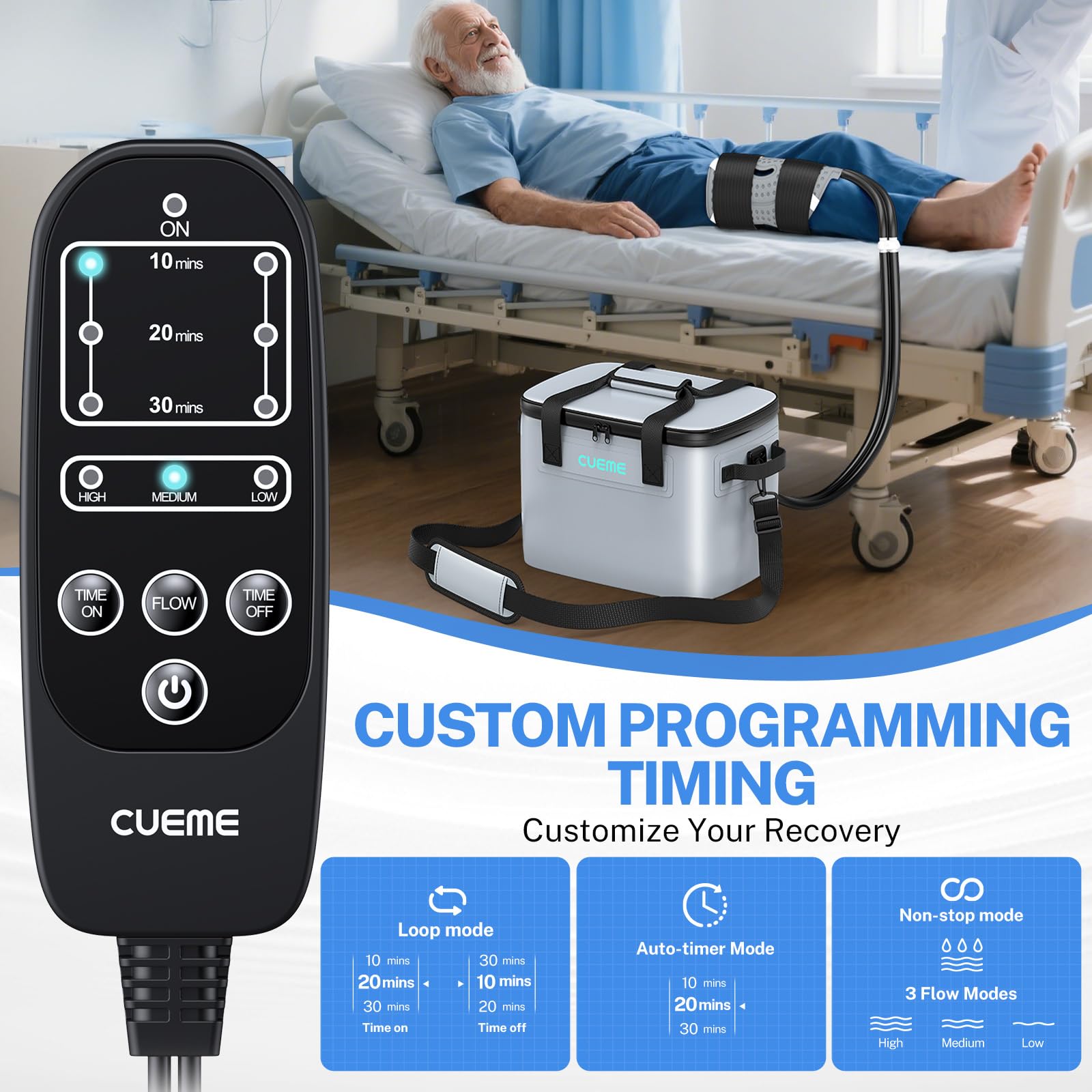 CUEME flow speed controls showing low, medium, high options.