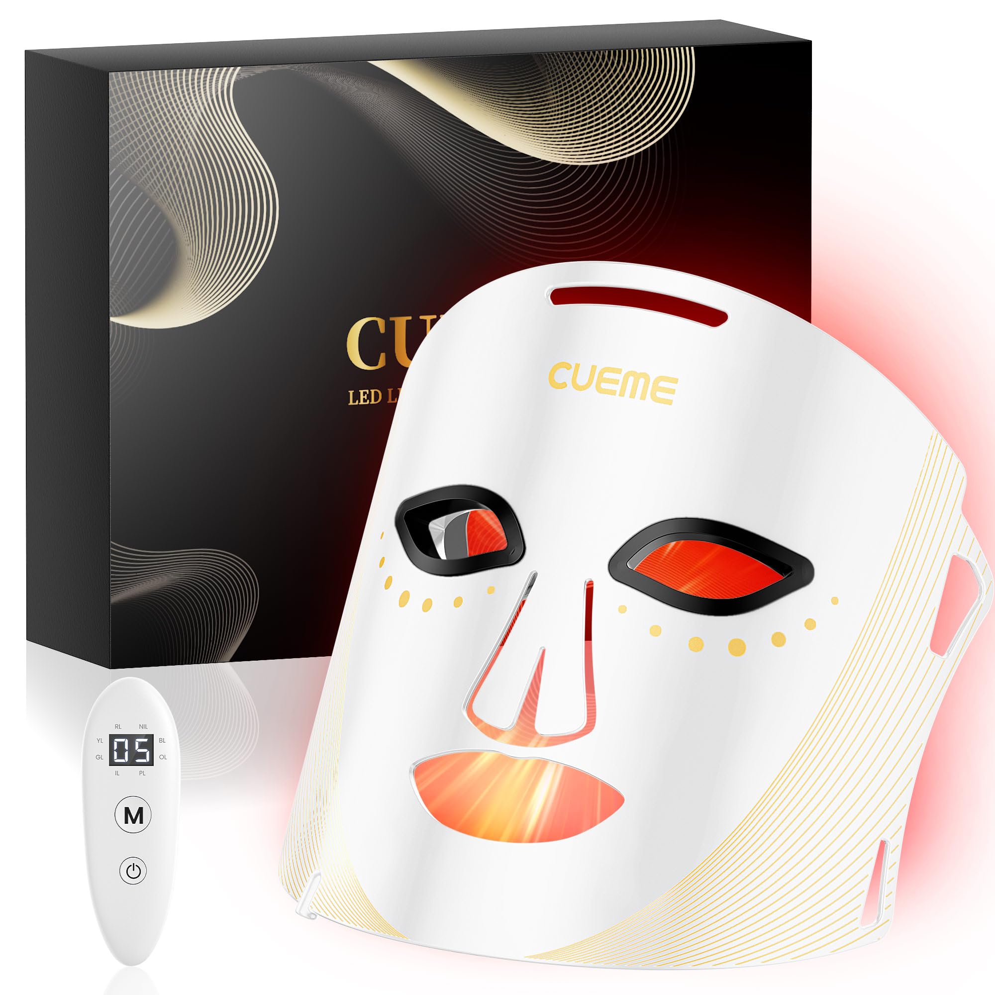 CUEME LED light therapy mask close-up for at-home red light treatment and skin support.