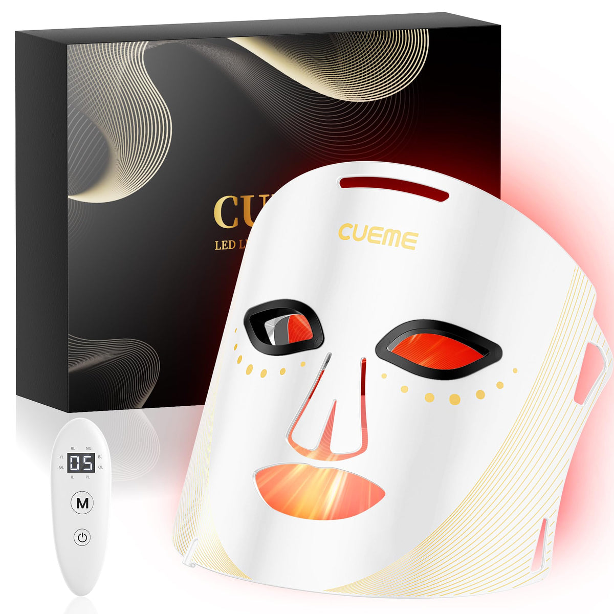 CUEME LED light therapy mask close-up for at-home red light treatment and skin support.