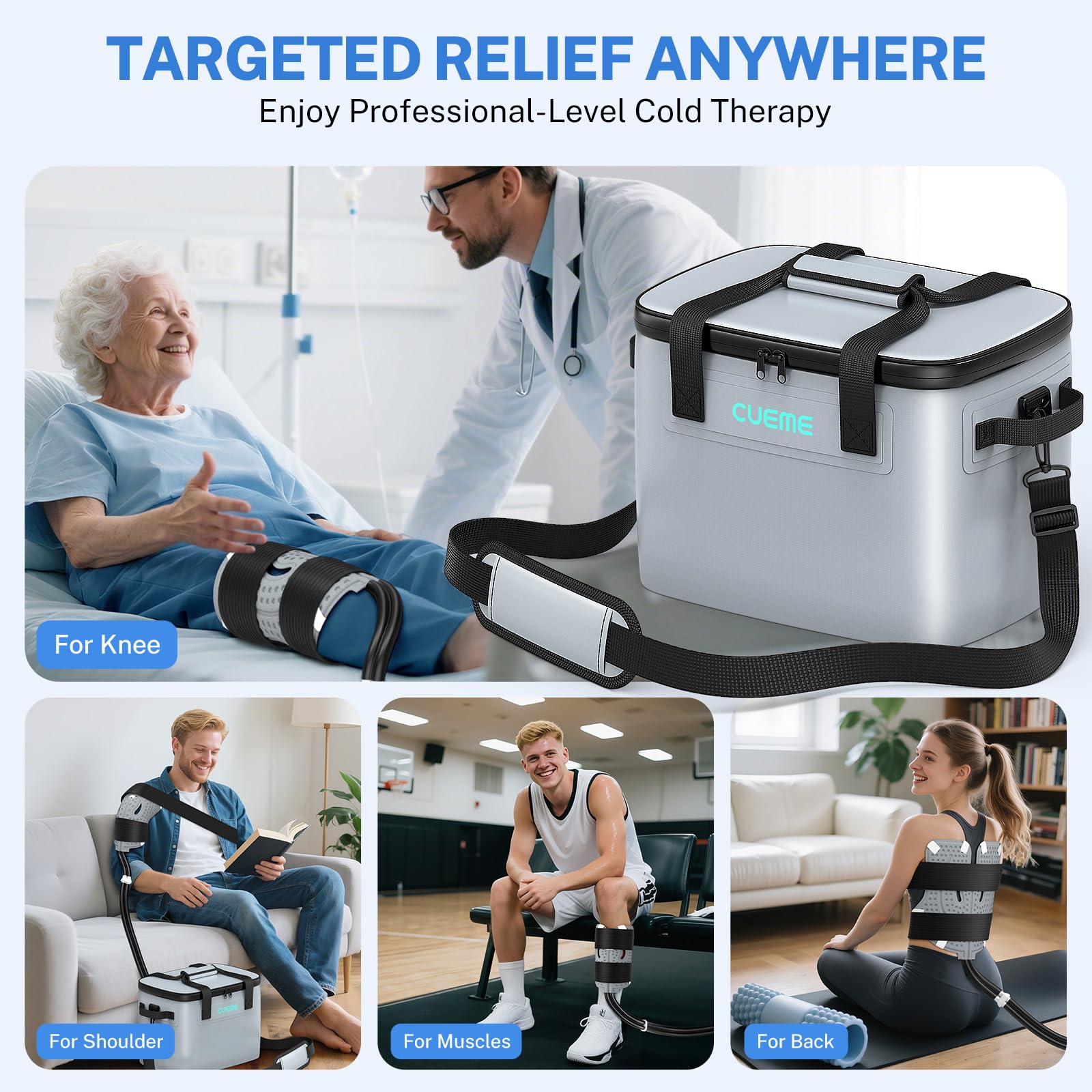 CUEME portable therapy pad compatible with knee, shoulder, hip, and ankle.