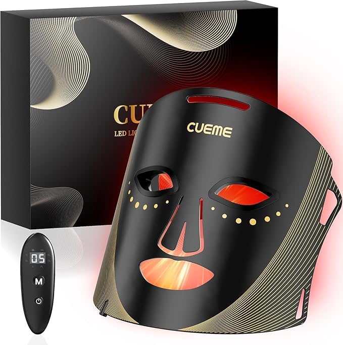 CUEME red light therapy mask closeup for facial rejuvenation and soothing glow.
