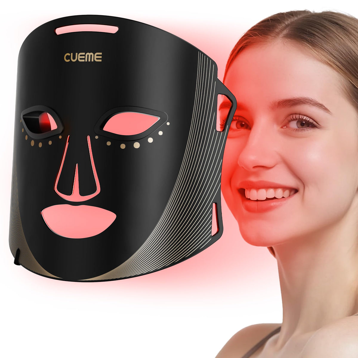 CUEME red light therapy mask in use for at-home facial care.