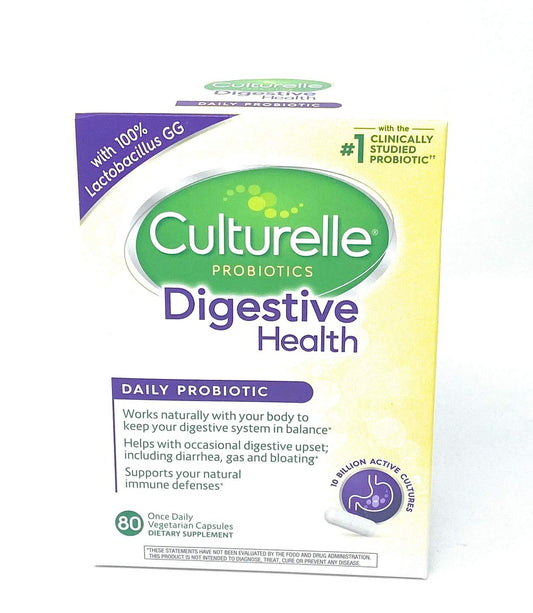 Culturelle Digestive Health probiotic bottle promoting daily balance with Lactobacillus GG.