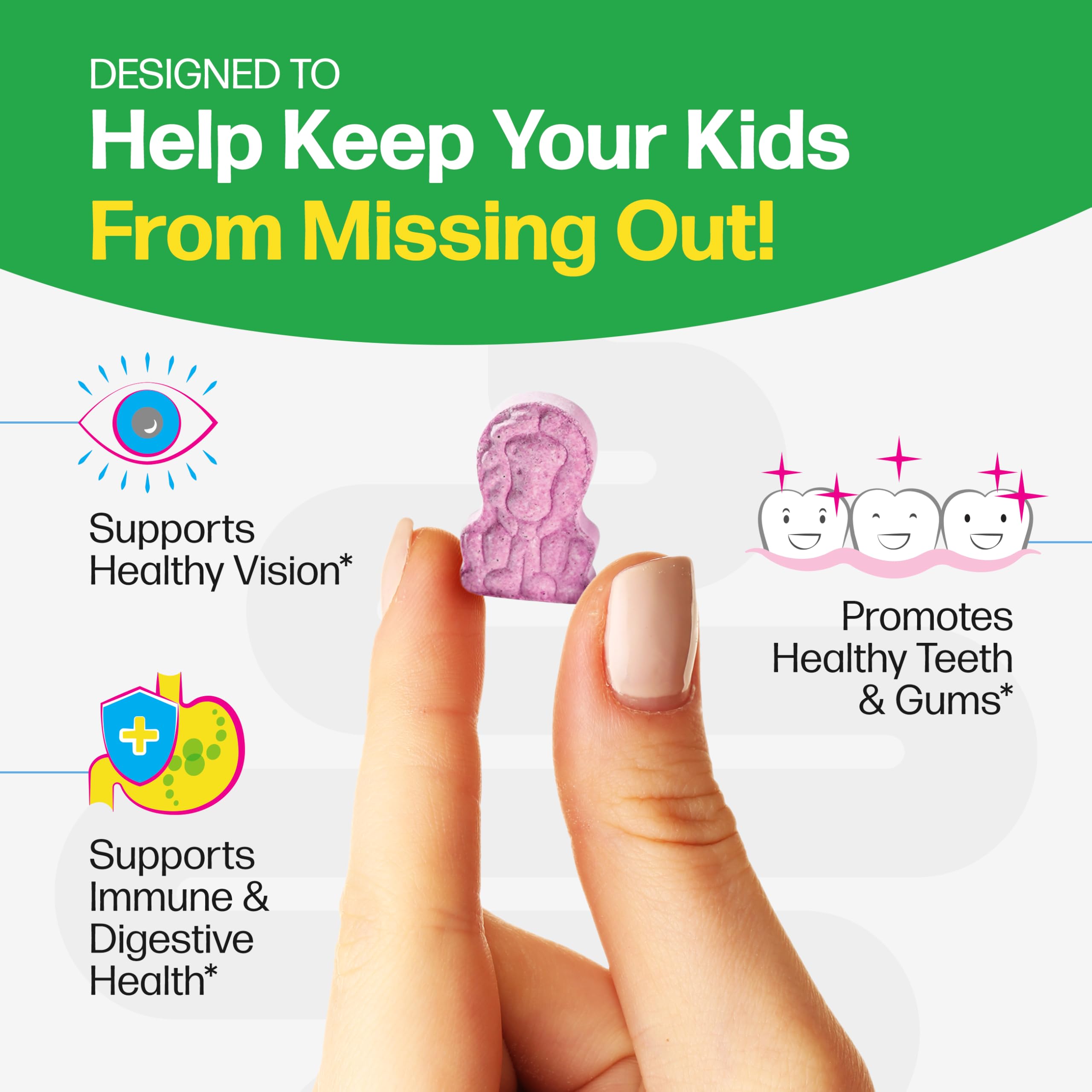 Graphic shows 11 vitamins and minerals in Culturelle Kids Complete.