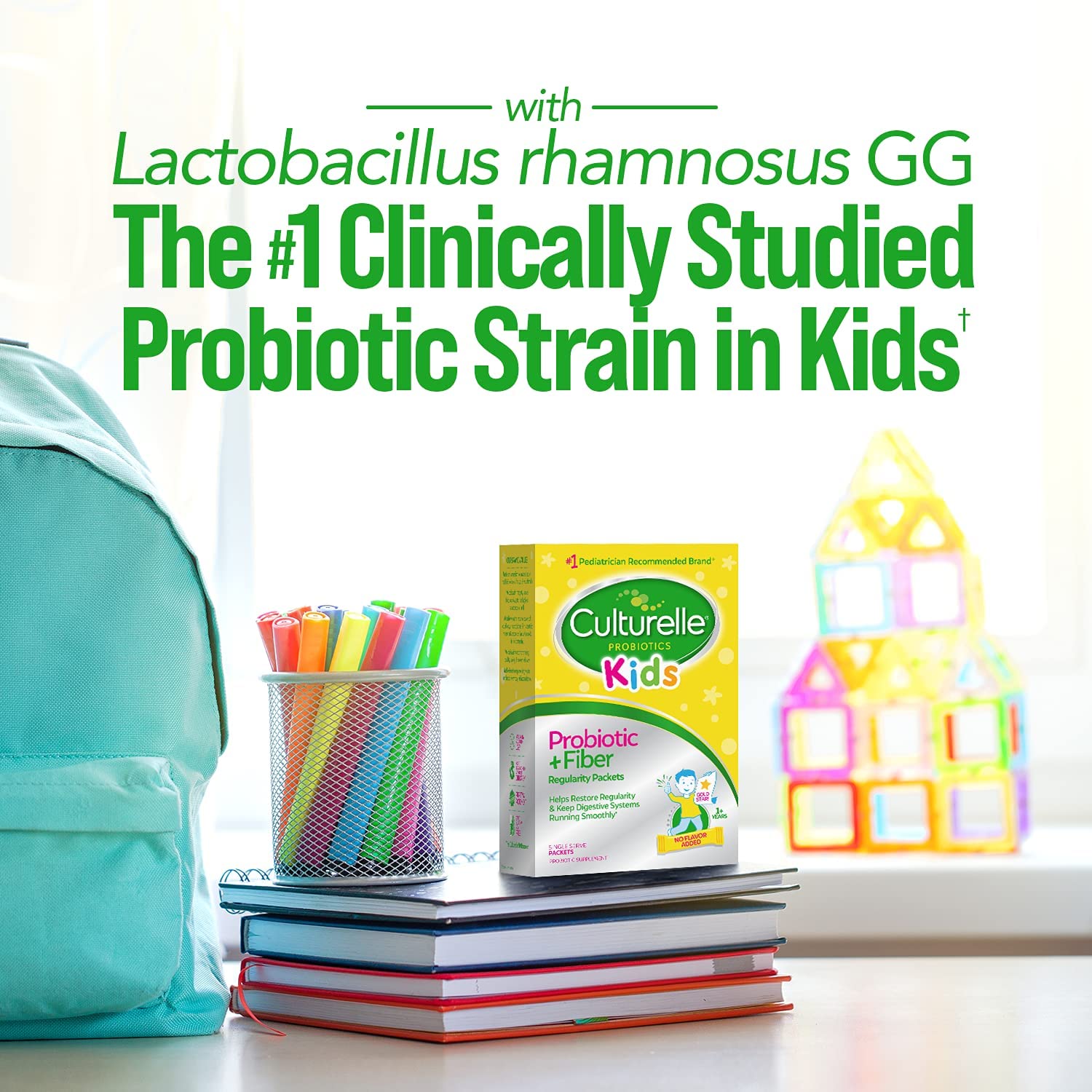 Culturelle Kids Probiotic + Fiber packets feature Lactobacillus rhamnosus GG for gut balance.