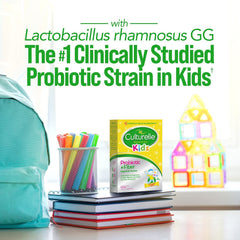 Culturelle Kids Probiotic + Fiber packets feature Lactobacillus rhamnosus GG for gut balance.