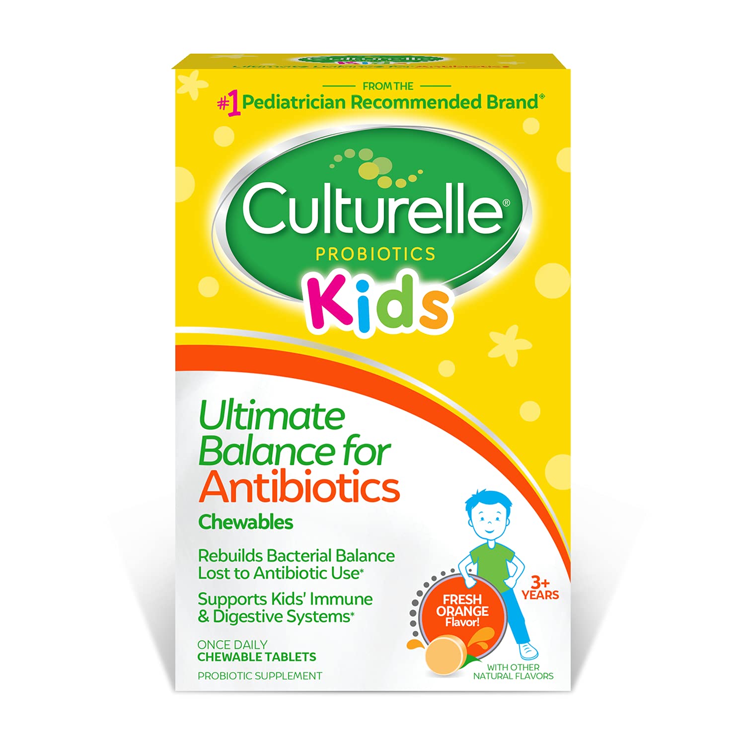 Culturelle Kids Ultimate Balance antibiotics chewables orange bottle supporting digestion during antibiotics.