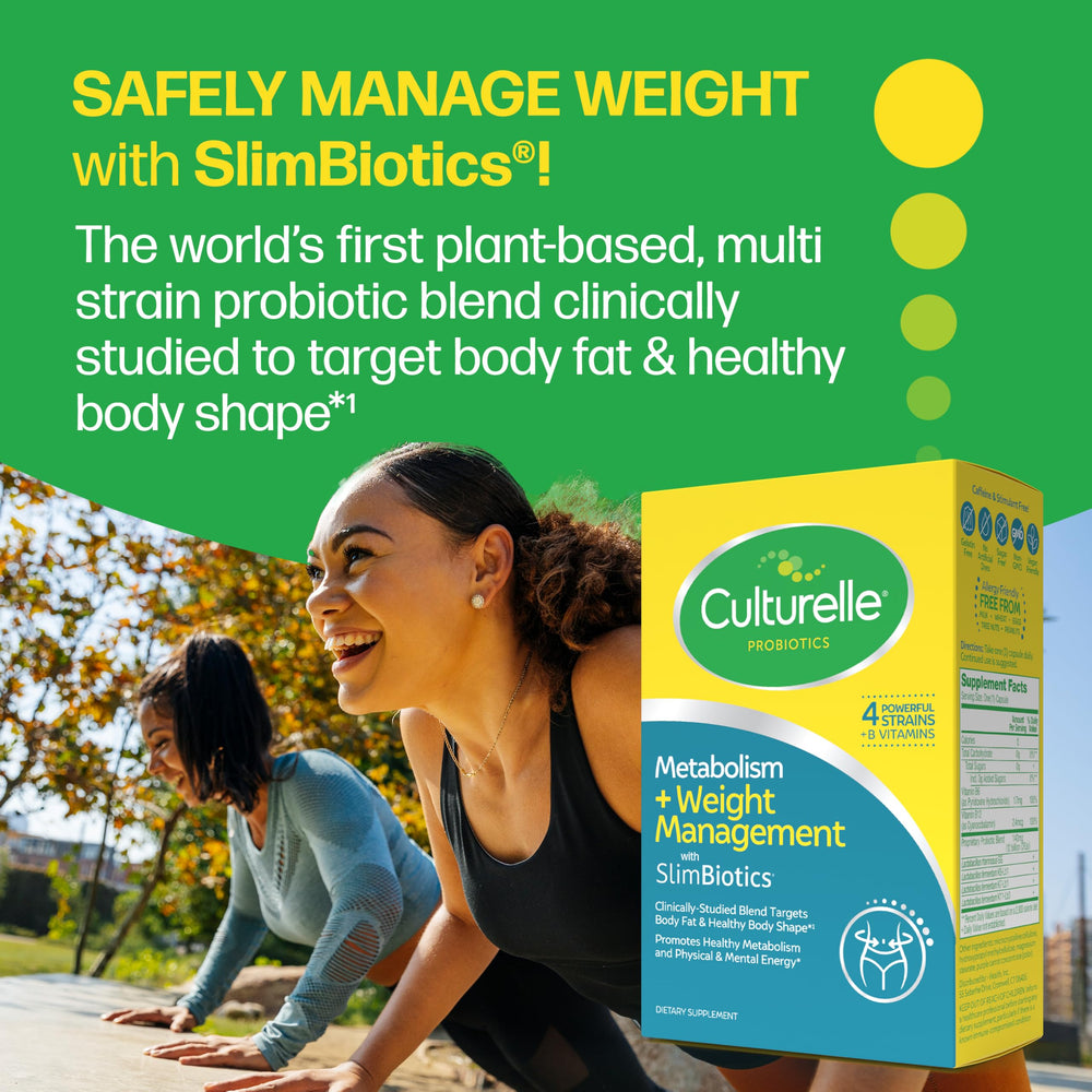 Culturelle Metabolism SlimBiotics bottle with protective cap indicating long-term daily use.