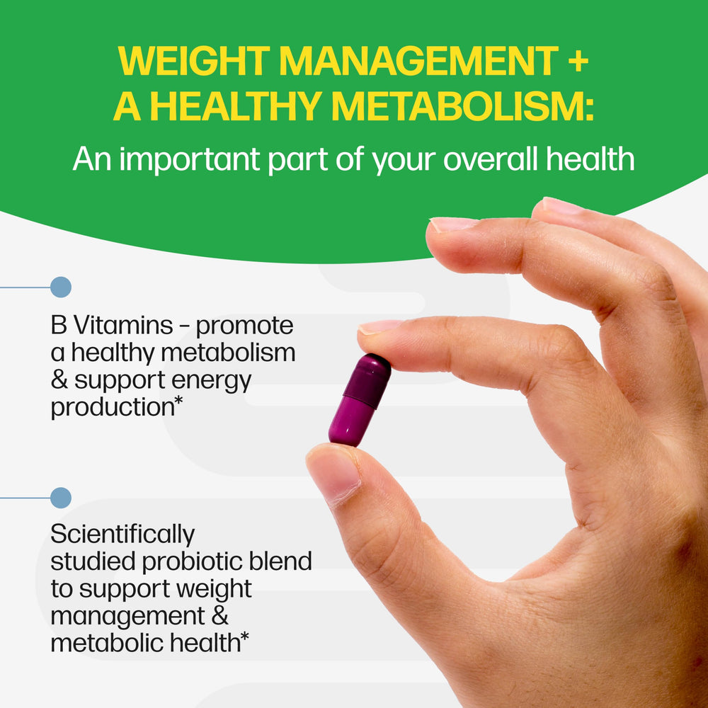 Culturelle Metabolism SlimBiotics pouring capsules illustrating convenient daily intake.