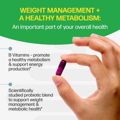 Culturelle Metabolism SlimBiotics pouring capsules illustrating convenient daily intake.