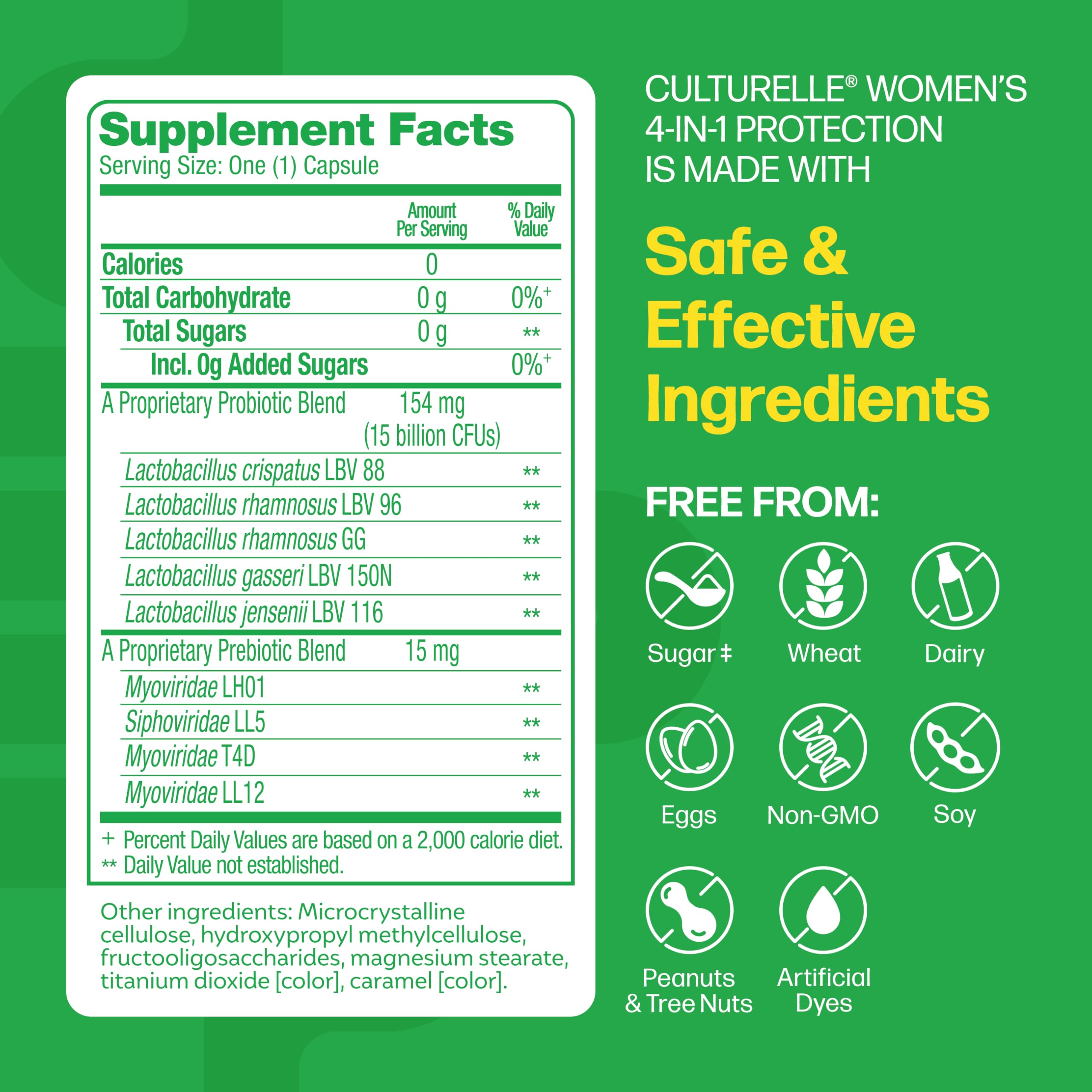 Culturelle 4-in-1 bottle back with ingredients and directions for daily use.