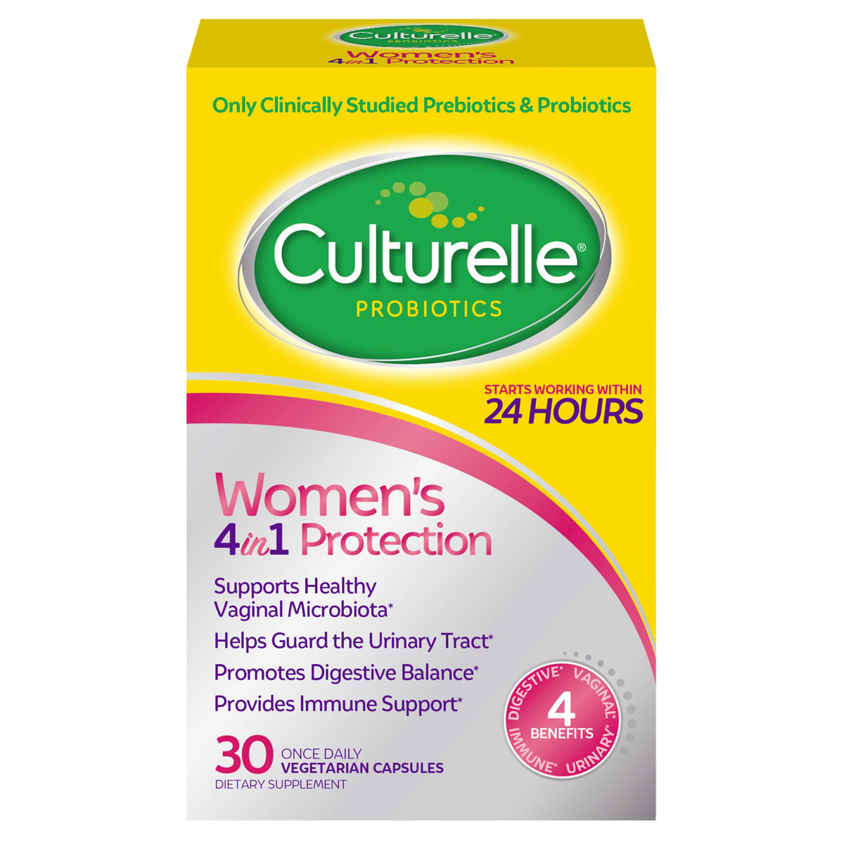 Culturelle 4-in-1 probiotics bottle front showing vaginal, digestive, urinary, and immune support.