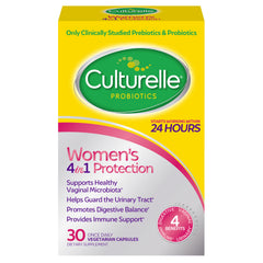 Culturelle 4-in-1 probiotics bottle front showing vaginal, digestive, urinary, and immune support.