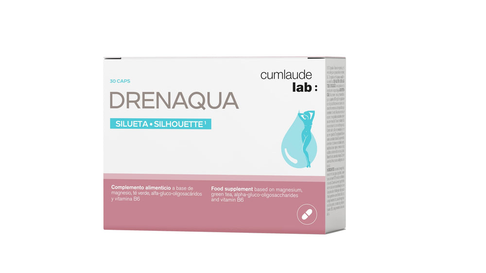 Cumlaude Drenaqua capsules bottle displays a daily probiotic and prebiotic option.