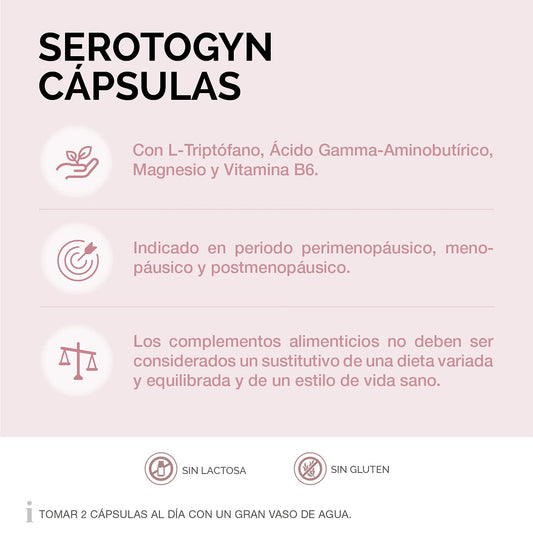 Close-up of Serotogyn capsules, highlighting non-hormonal ingredients.