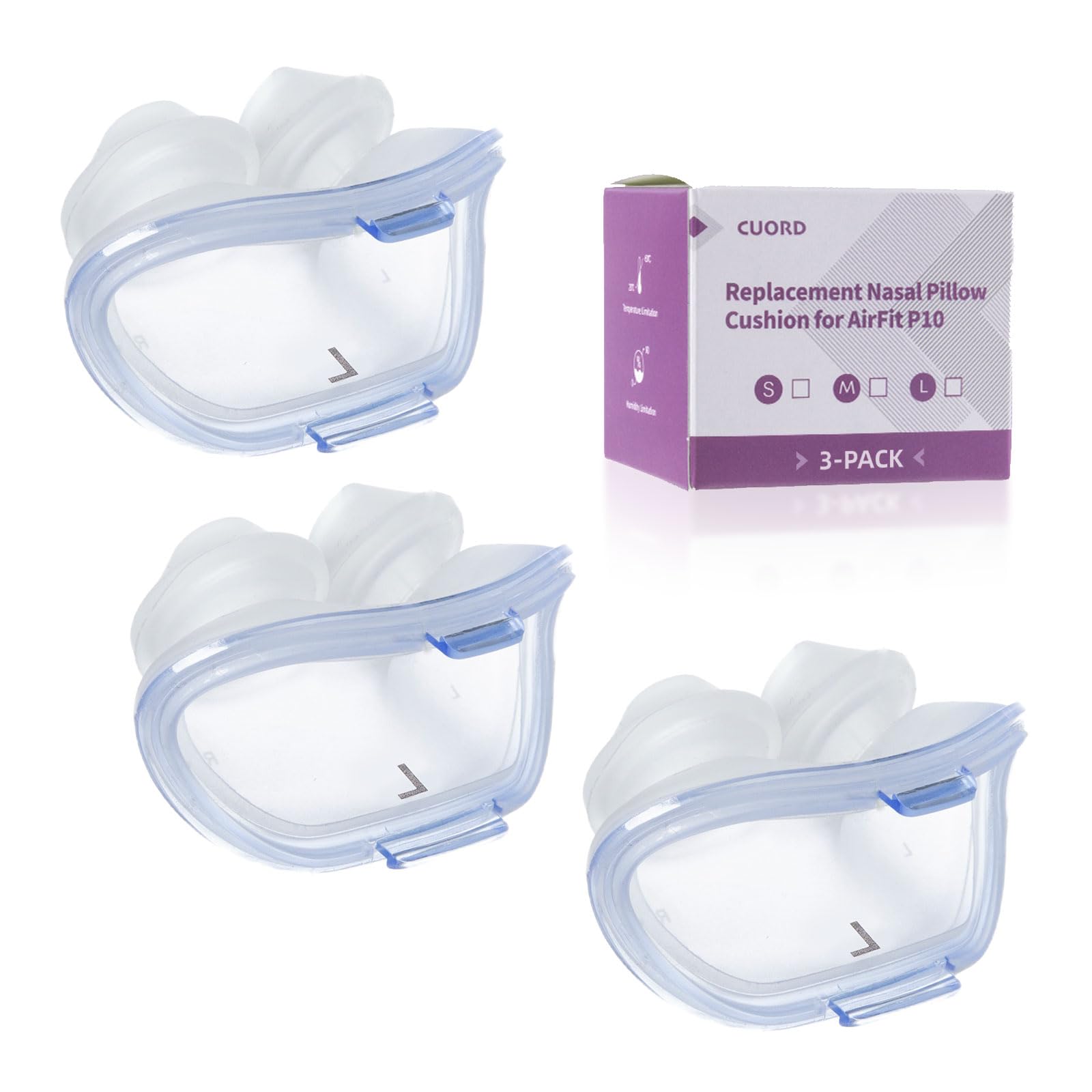 CUORD 3-pack nasal pillow for P10 seal ensures a secure, comfortable fit.