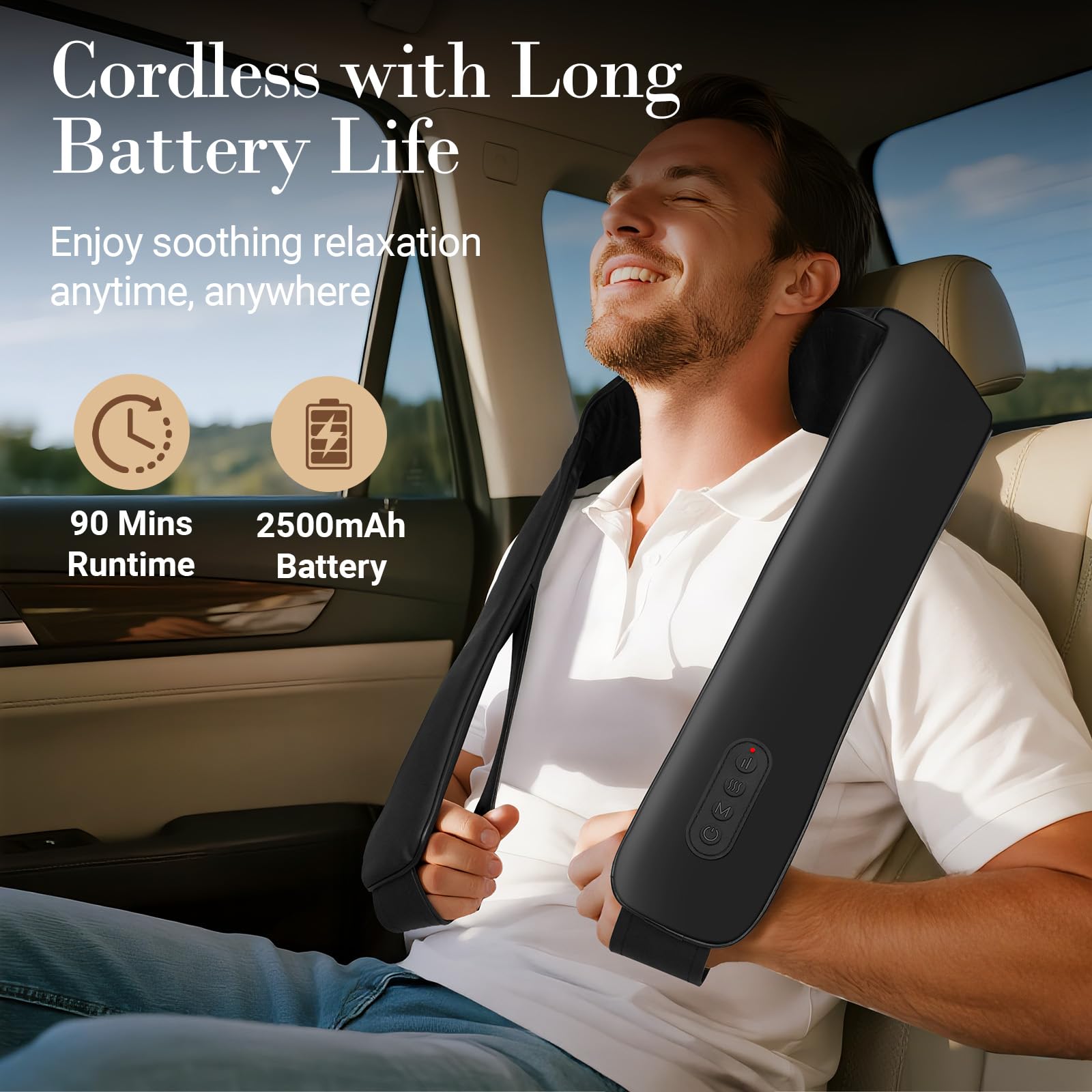 CuPiLo neck massager in use on shoulder with extended strap