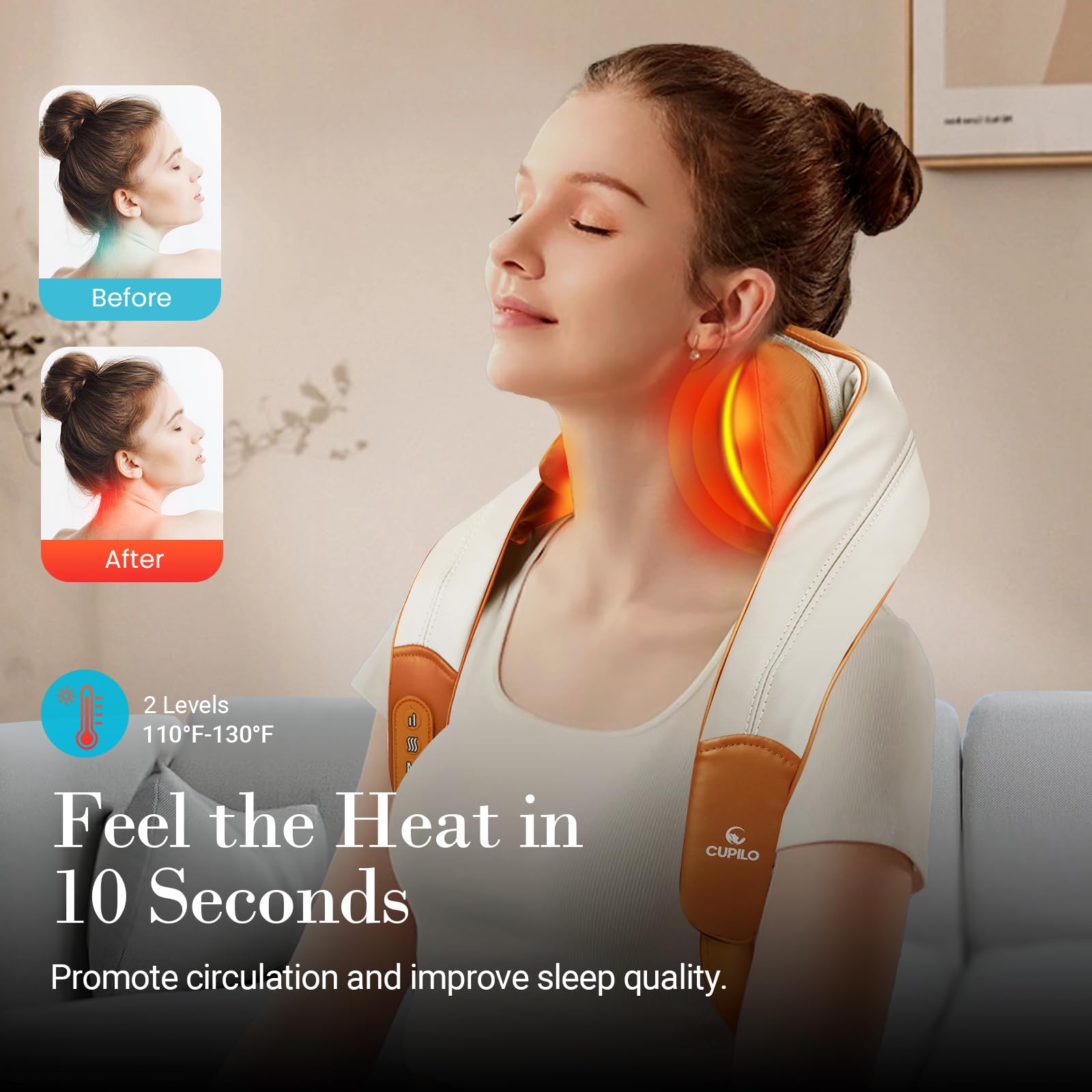 CuPiLo cordless neck massager ready for travel and on-the-go relief