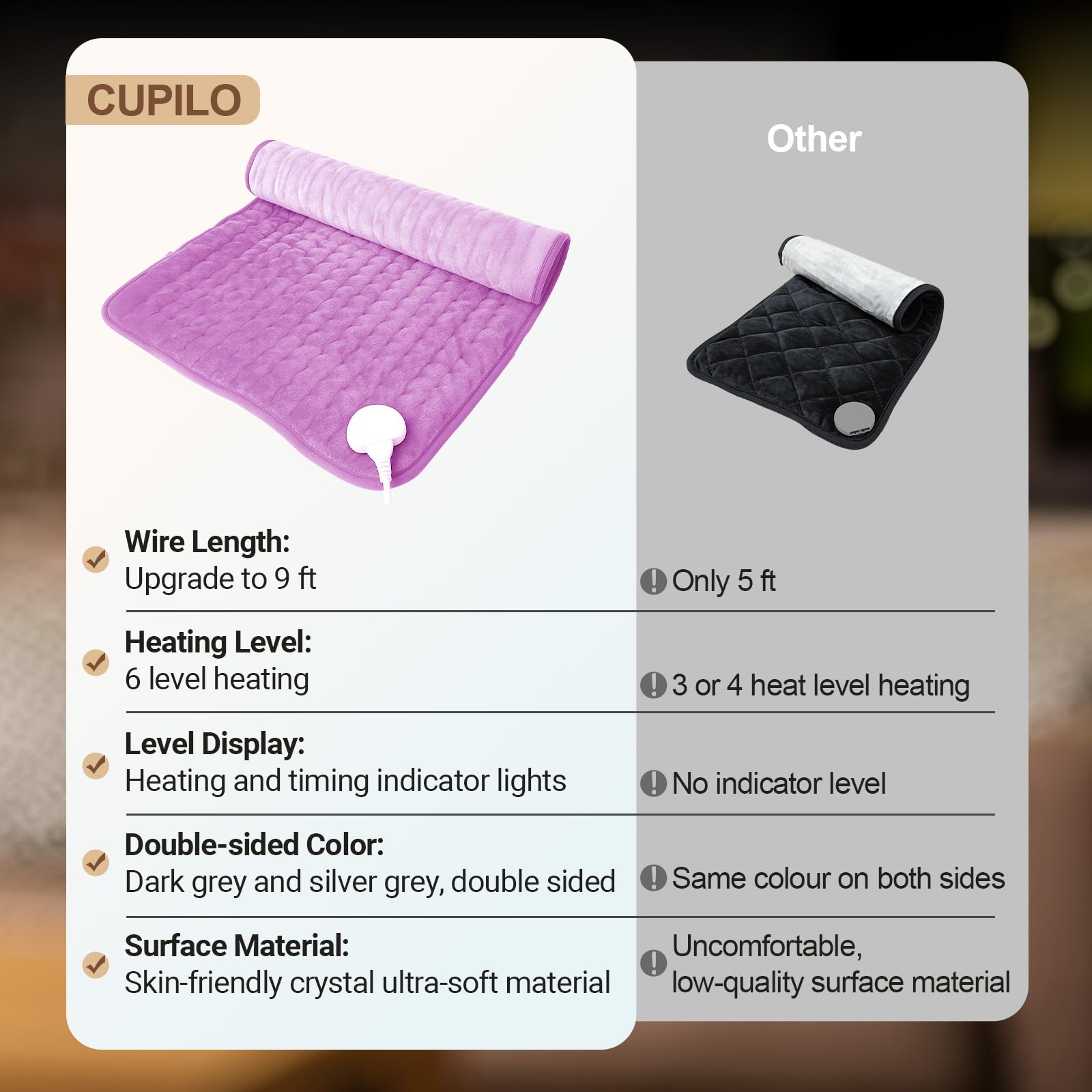 CuPiLo heating pad features six heat levels for personalized warmth.
