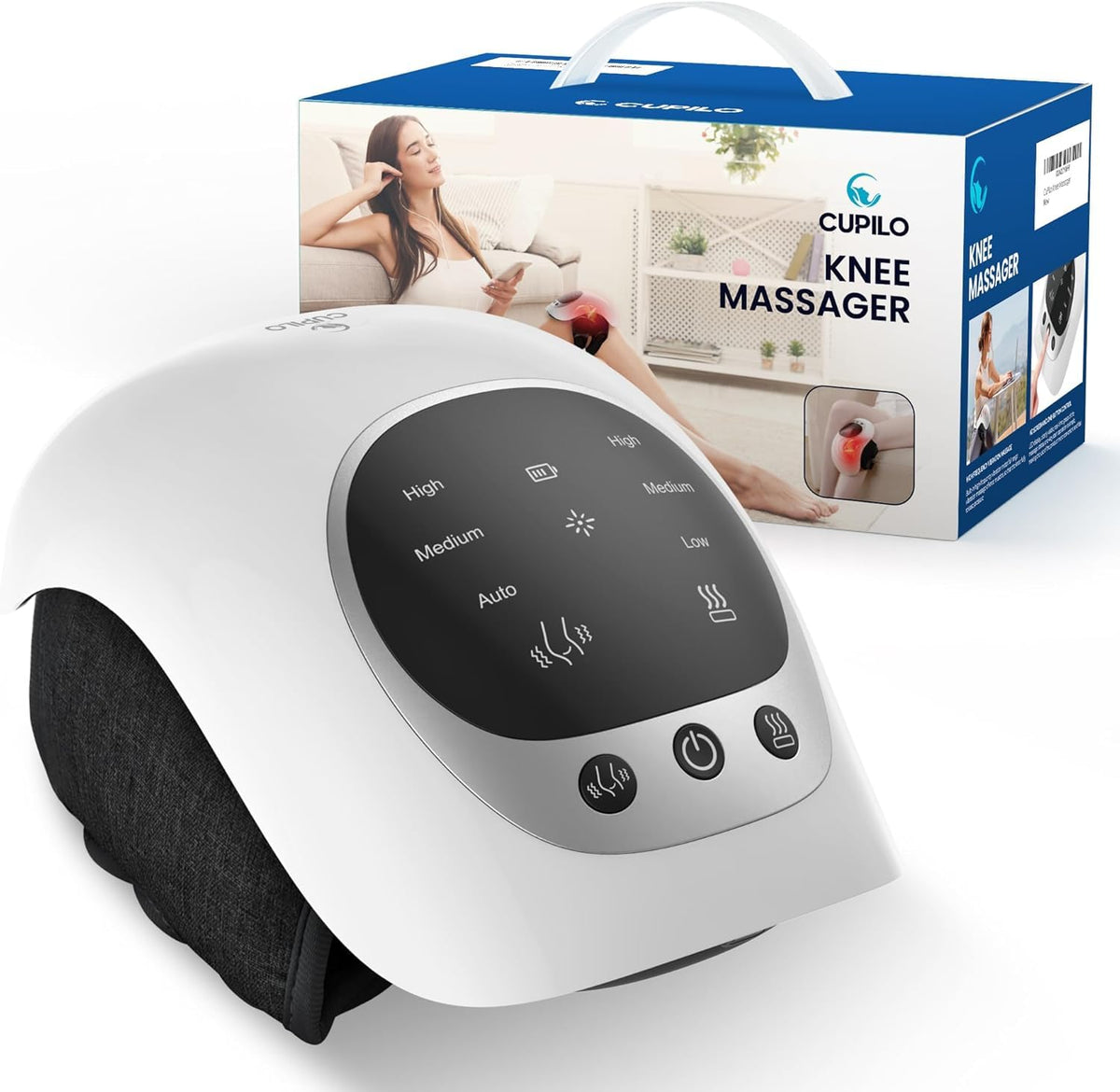 CuPiLo Knee Massager with Heat full view, cordless and ready for on-the-go relief.