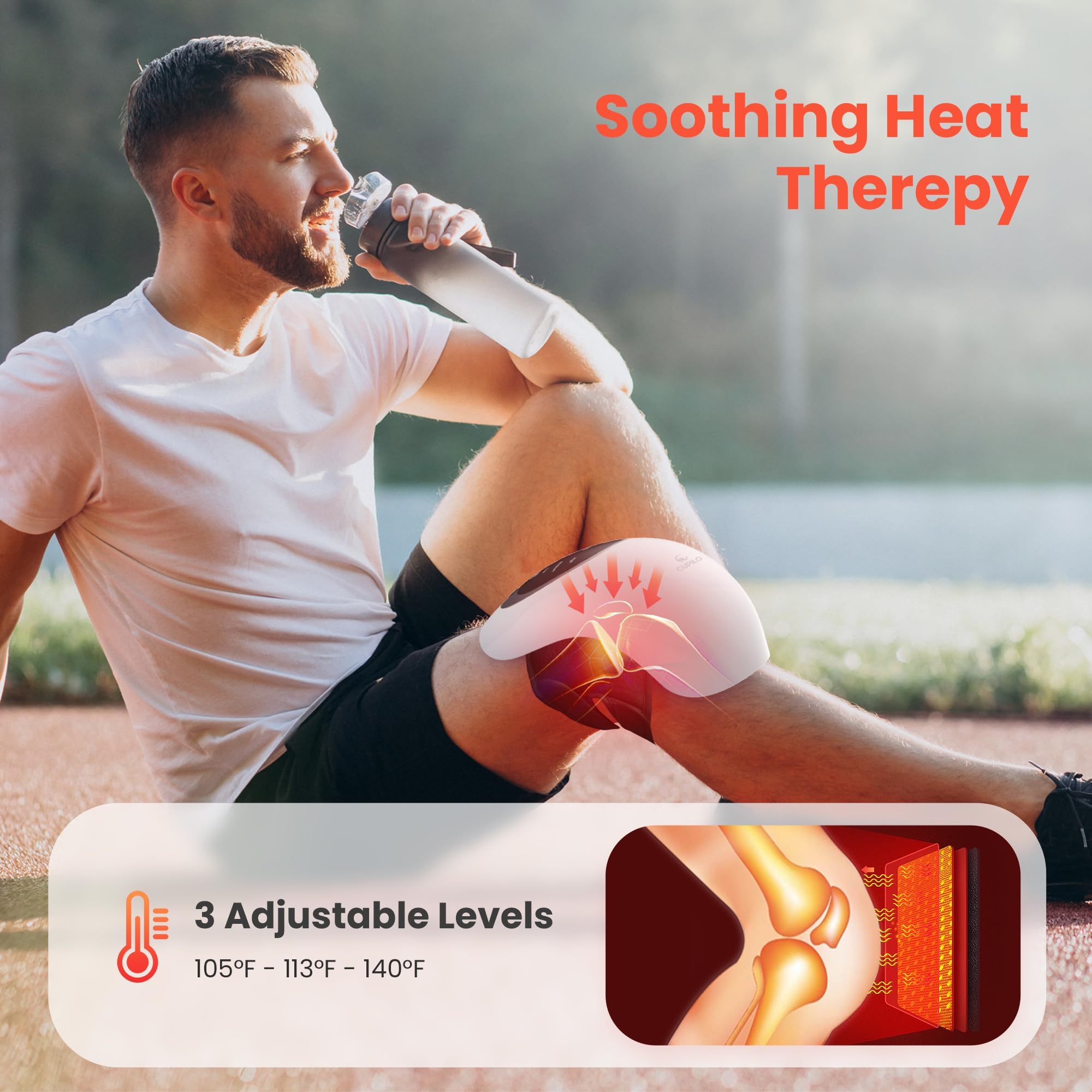 CuPiLo Knee Massager strap adjustment detail for a snug, personalized fit.